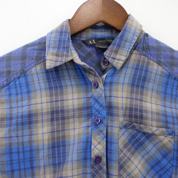 AX Armani Exchange Flannel Shirt Womens Blue Plaid Button Down Collared XS - Picture 6 of 10